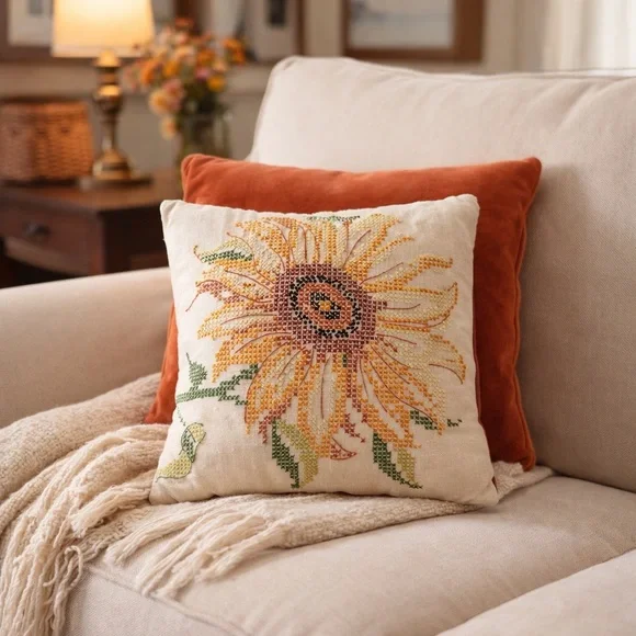 Vintage Hand Embroidered Sunflower Pillow 12” x 12” Cross Stitch Floral Linen