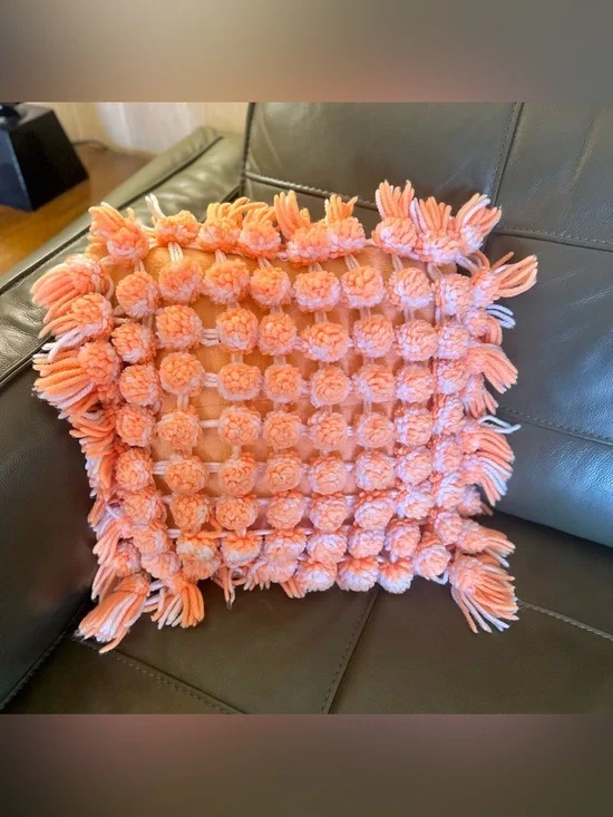 Vintage Peach Pom-Pom Accent Pillow - Handmade Fiber Art