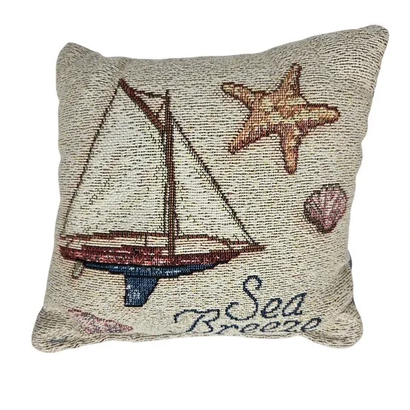 Sea Breeze Nautical Sailboat Tapestry Accent Throw Pillow Blue Starfish Coastal