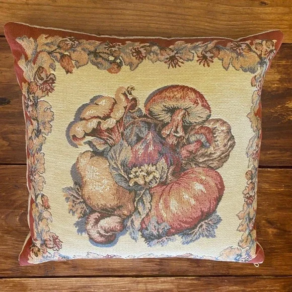 Vtg Custom Made Mushroom Tapestry Pillow 18x18 Beige‎ Cottagecore By The Yard