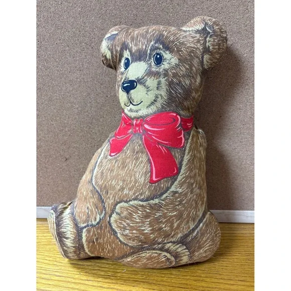 Vintage Fabric Teddy Bear Pillow‎ Brown Printed Cotton Plush Red Bow Decor