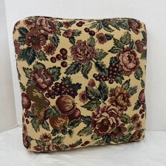 Vintage Floral Fruit Tapestry Throw Pillow Square Burgundy Green Rose 16x15