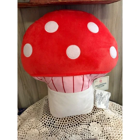 Red Mushroom Plush Decorative Pillow Cottagecore Toadstool