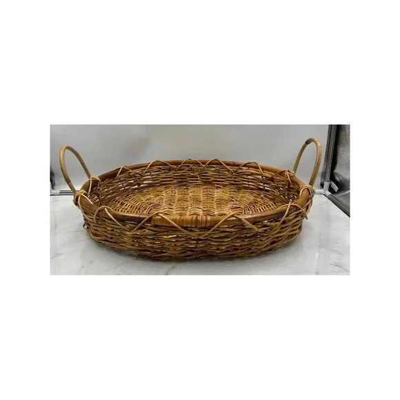 Vintage Oval Wicker Serving Tray with Handles Large Woven Rattan Basket 19 Inch