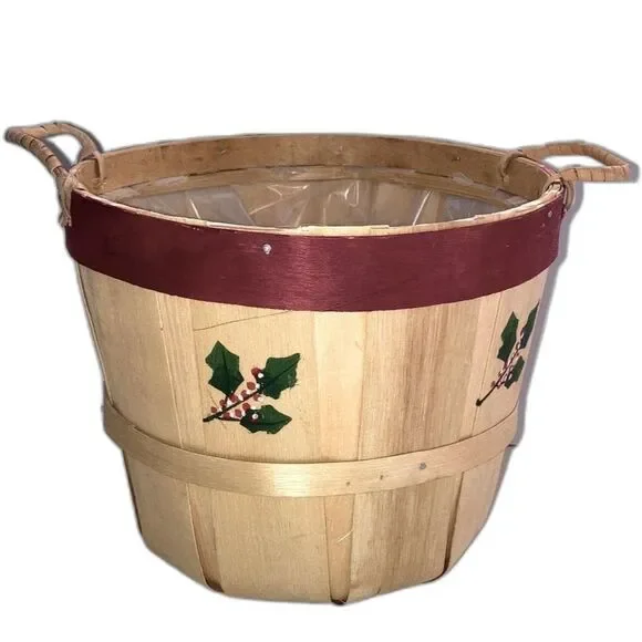 BUSHEL BASKET Small Apple Basket with Handles Holiday Holly