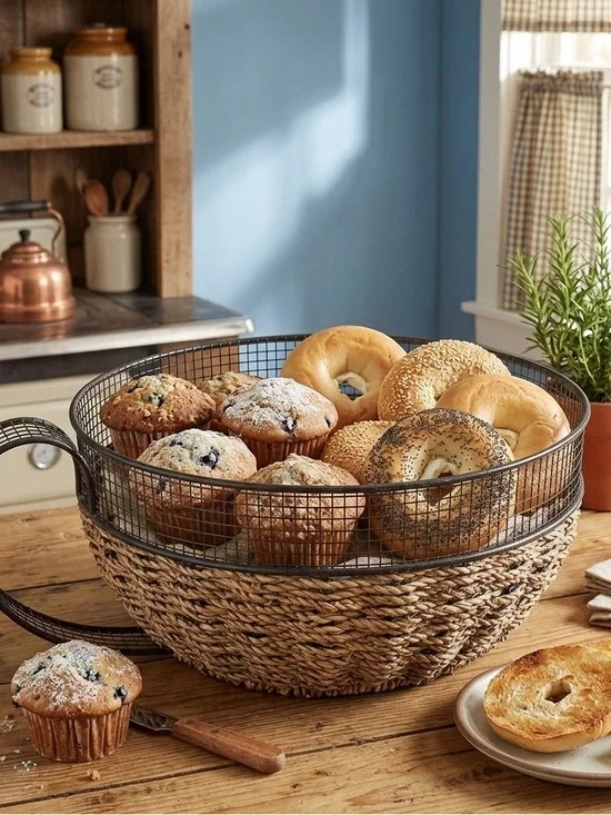 Vintage metal and woven basket designed to look like a large coffee cup.