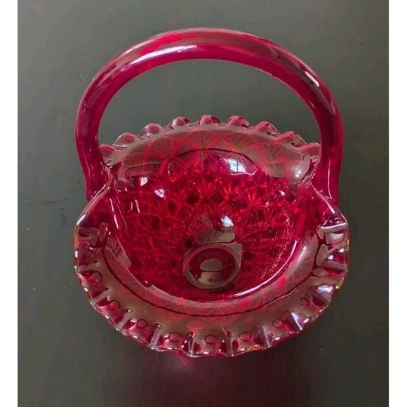 Vintage FENTON AMBERINA‎ RED RUFFLED DIAMOND BASKET