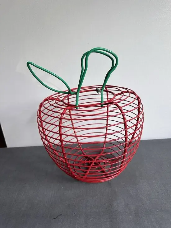 Vintage 90s Red Wire Apple Shape Basket Fruit Holder with Green Leaf Accent