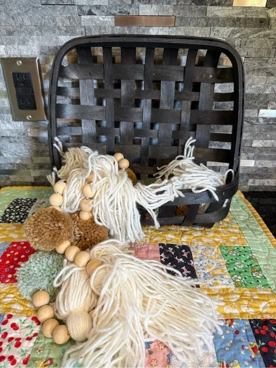 Woven Black Wooden Basket with Cream Tassel Bead Garland