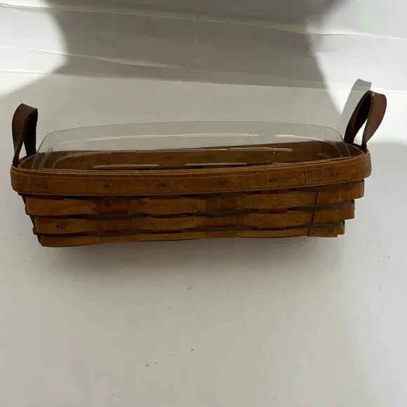 Longaberger Brown 2 Leather Handles Plastic Protector Breadstick Basket‎