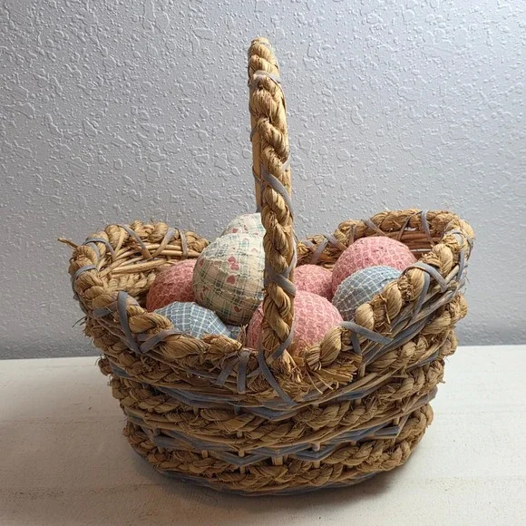 Vintage Wicker Basket & Fabric Wrapped Decorative Balls‎ Blue Pink Cottagecore