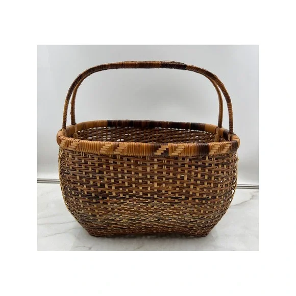Vintage Handwoven Wicker Basket Rectangular Brown Tan Storage Decor with Handle