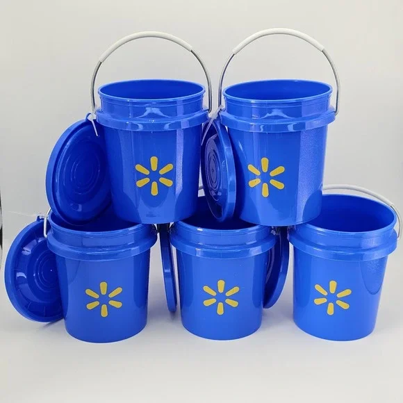 Lot Of 5! Walmart Mini Bucket Blue w/Yellow Star, With Lids! Collectible HTF
