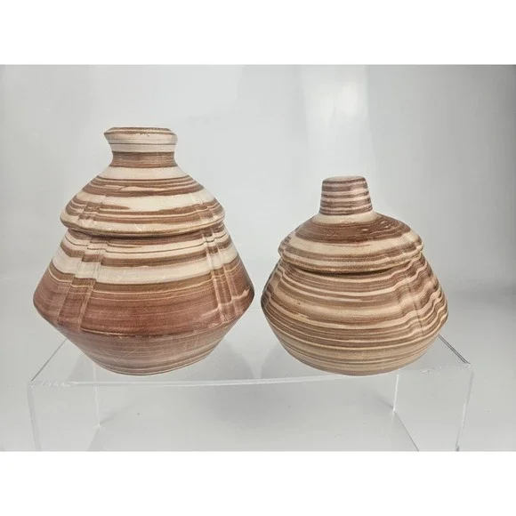 Banded Stone Lidded Jars Pair‎ Natural Stone Decor Set