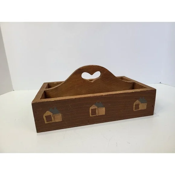 Vintage Primitive Wooden Caddy Heart Handle Saltbox House Country Farmhouse