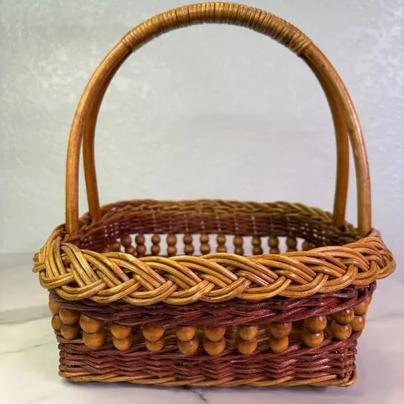 VTG Woven Wicker Gathering Basket Wood Bead Accent Braided Trim Boho Farmhouse