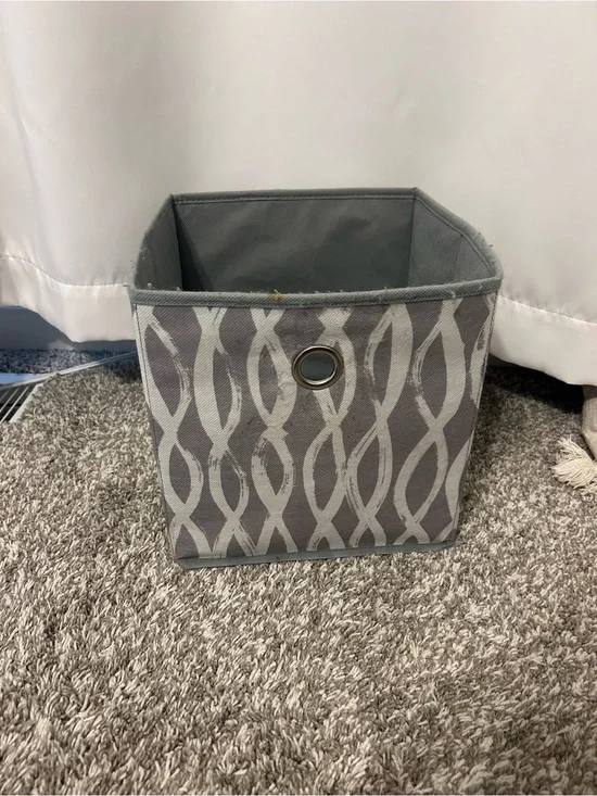 Gray Patterned Fabric Storage Bin with Metal Grommet Handle