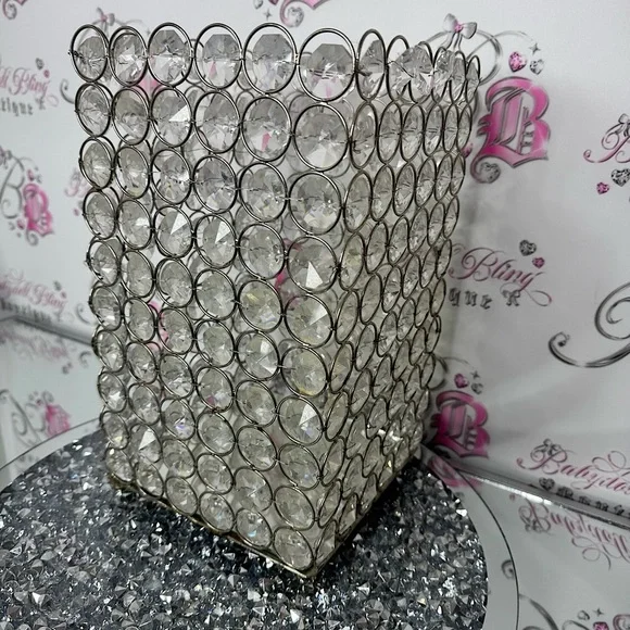 Crystal-Embellished Silver Organizer basket bling diamonds mirror
