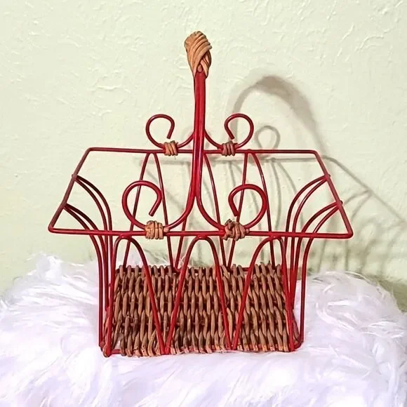 Bohemian Red Metal & Wicker Basket