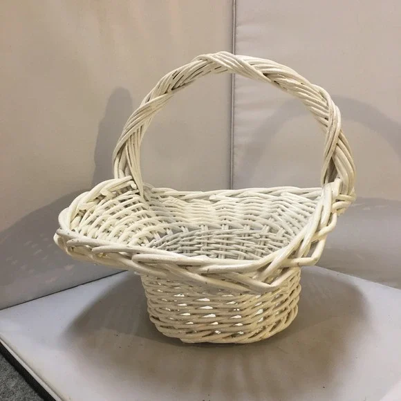 Woven Wicker Basket Home Decor Large White Braided Handle Cottagecore