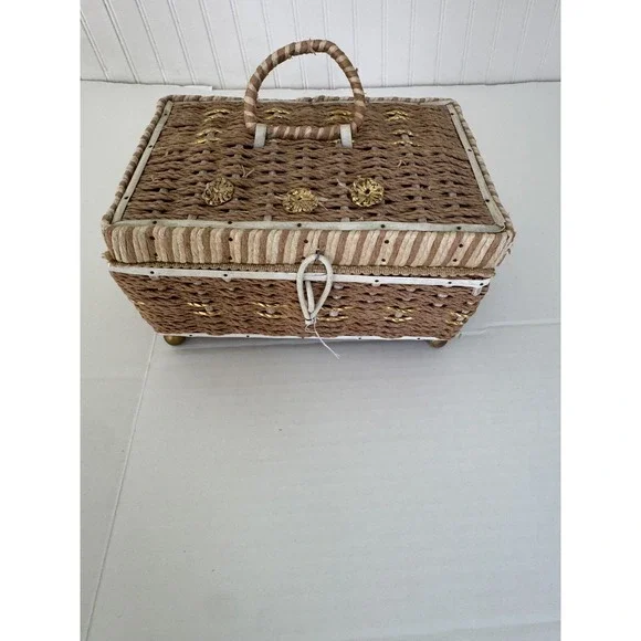 Vintage Sewing Basket Notions Box Woven Decorative Trinket Storage Used Grandma