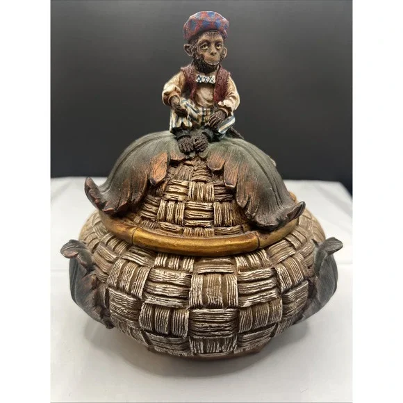 Vintage Lidded Monkey Trinket Box Resin Woven Basket Tureen Jar Jungle Decor