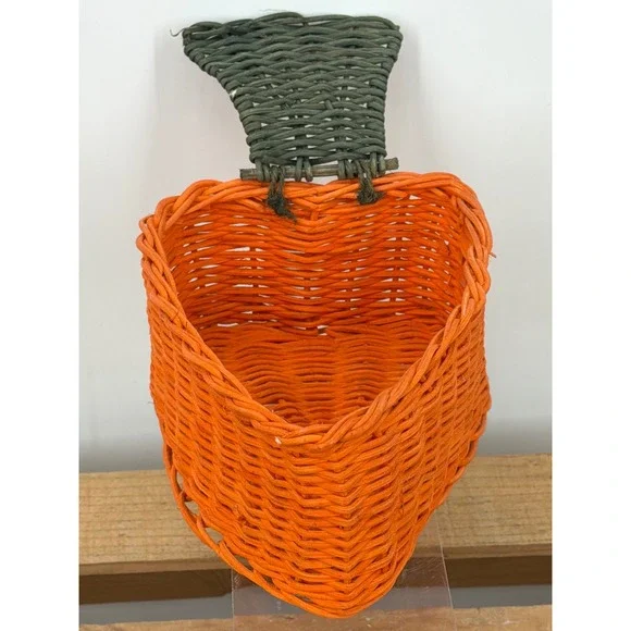 Vintage Orange Wicker Carrot Basket Easter Decor Green Stem Woven Storage‎