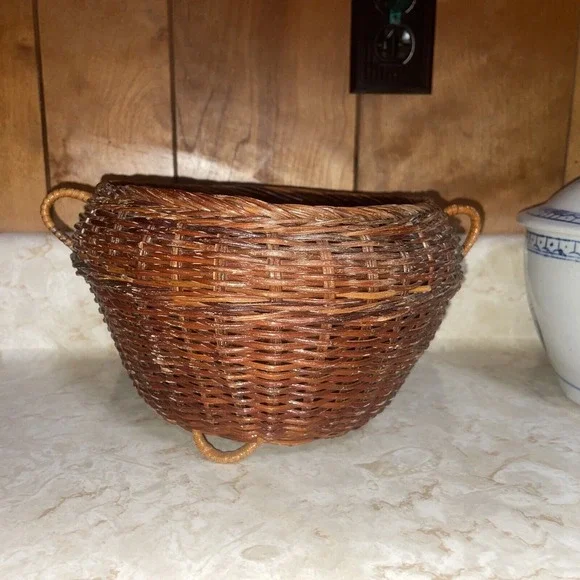 Vintage‎ Footed Wicker Basket With Two Handles