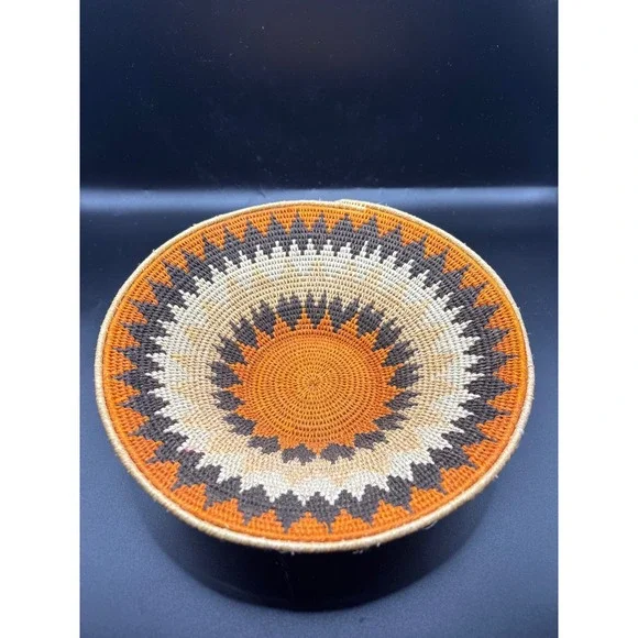 Hand Woven Basket Bowl Orange Brown Geometric Art 6.5in
