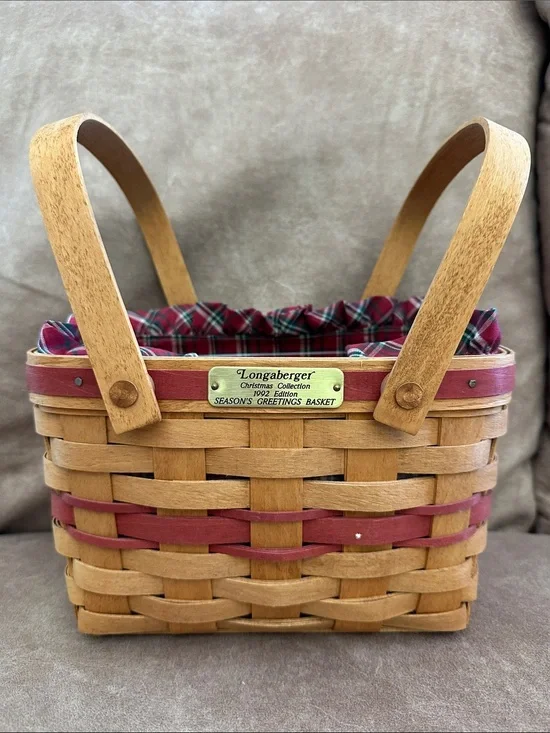 Longaberger Natural Wood Basket with Red Accents and Plaid Liner