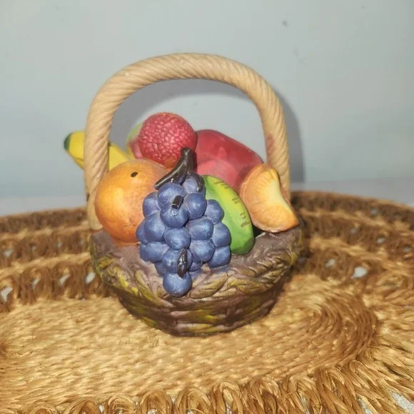Vintage Ceramic Fruit Basket Figurine | Grapes Banana Apple Hand-Painted Decor