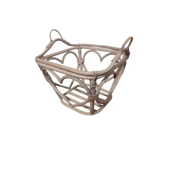 Vintage Whitewashed Rattan Bamboo Basket Heart Cutout‎ Boho Cottagecore Decor