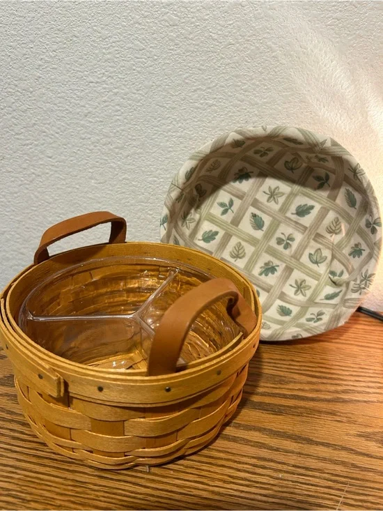 Longaberger Tan Woven Serving Basket with Divided Glass Insert