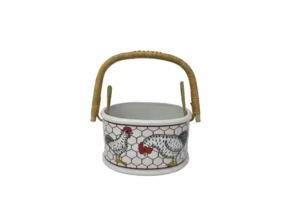 Vintage Takahashi Japan Chicken Ceramic Basket Woven Rattan Handle