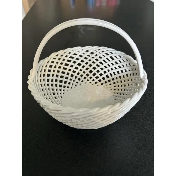 Vintage Portuguese white ceramic lattice basket