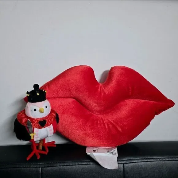 Valentine's Day Decor Bundle of Lips Throw Pillow and Feathery Friends Bird, New