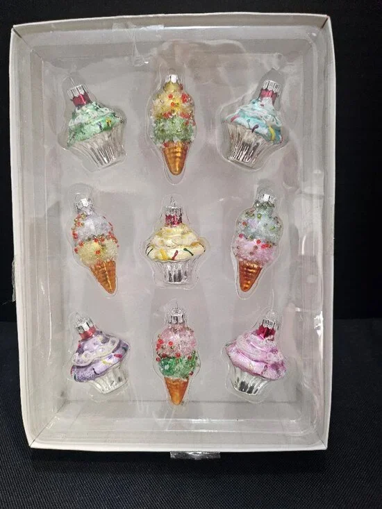 Pastel Glass Ice Cream & Cupcake Christmas Tree Ornaments Sweet Treats Set Of 9