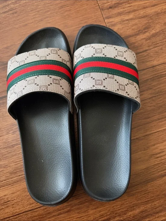 Beige Monogram Slide Sandals with Red and Green Stripe