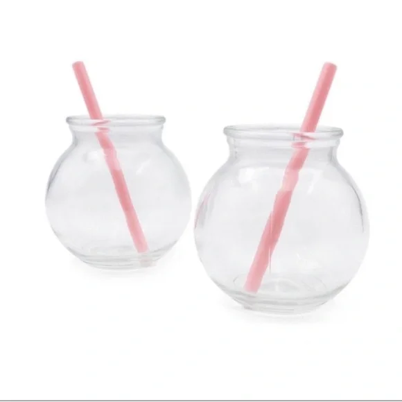 New Set of 2 Fishbowl Glass Tumblers, 10oz w/ straw, Girls Night