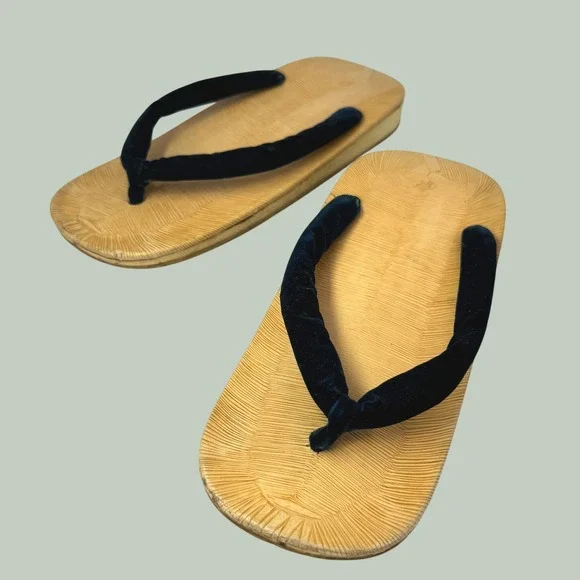Vintage Japanese Ukon Geta Sandals Womens 6 Solid Wood Velvet Kimono 60s