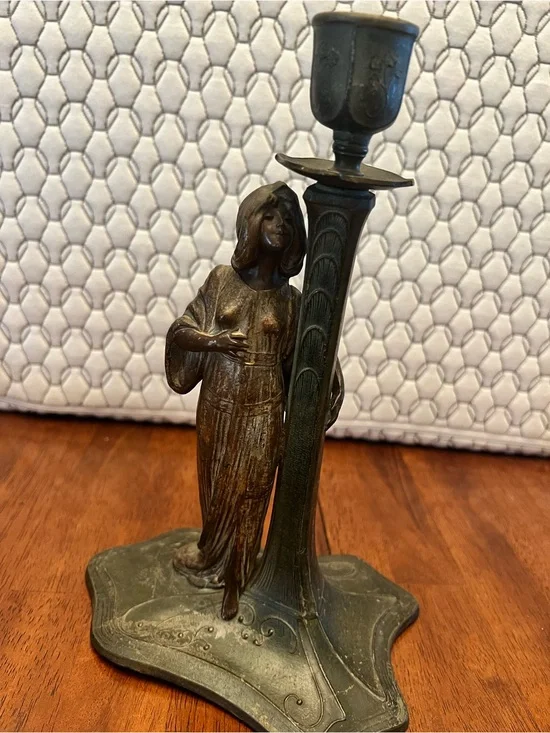 Art Nouveau, Spelter/Bronze-Tone  Female Figurine Candle Holder - Elegant Accent
