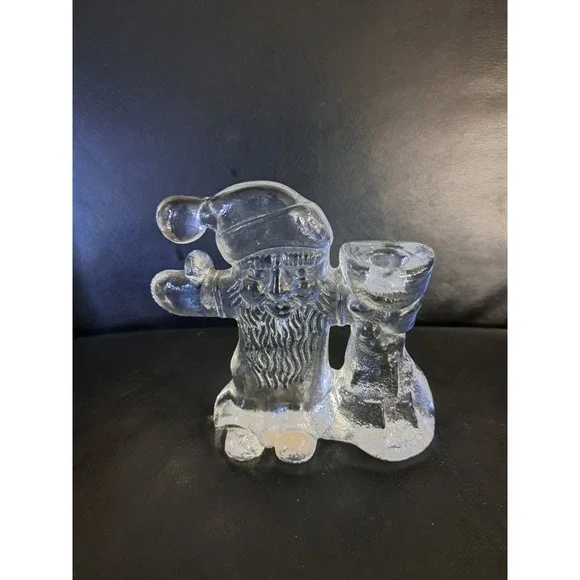 Vintage Waving SANTA‎ CLAUS ART GLASS VOTIVE CANDLE HOLDER
