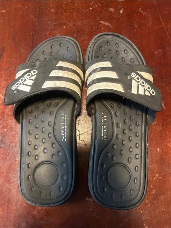 adidas Black Slides with White Three-Stripes