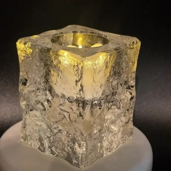 Vintage MCM Iced Glass Cube Tea Light Candle Holder Likely Finnish Scandinavian