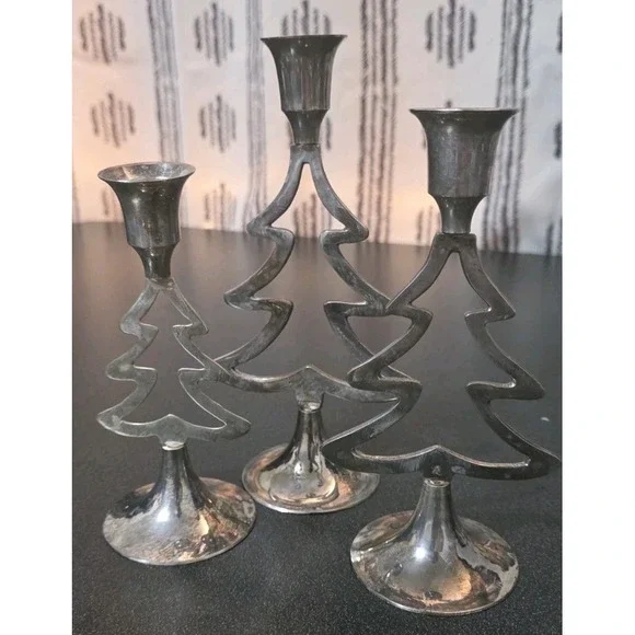 International Silver Co Silverplate Christmas Tree Candlestick Holders 3pc‎ EUC