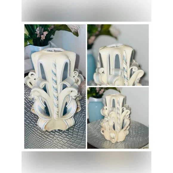 Hand-Carved Decorative Cream and Light Blue Carved Large Candle - Wow