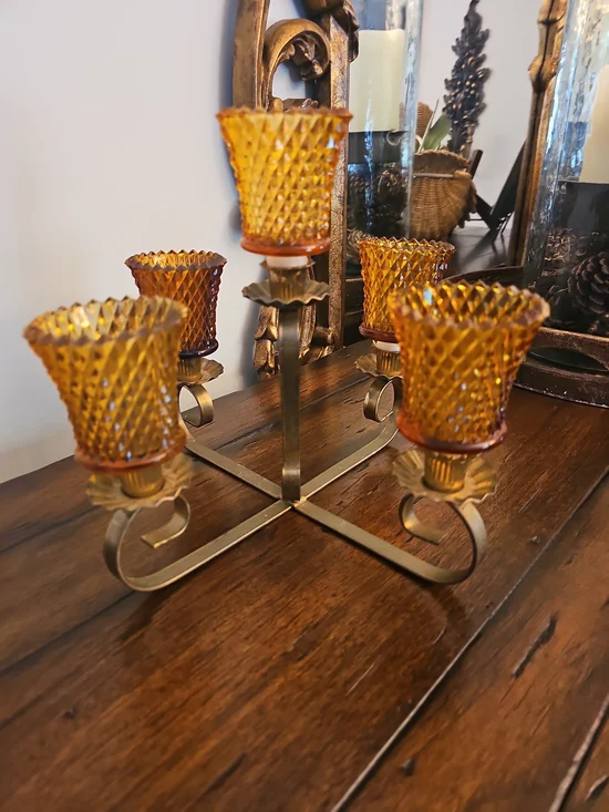 Vtge Amber Glass and Brass 5-Arm Candleholder Centerpiece  Unique With Votives.
