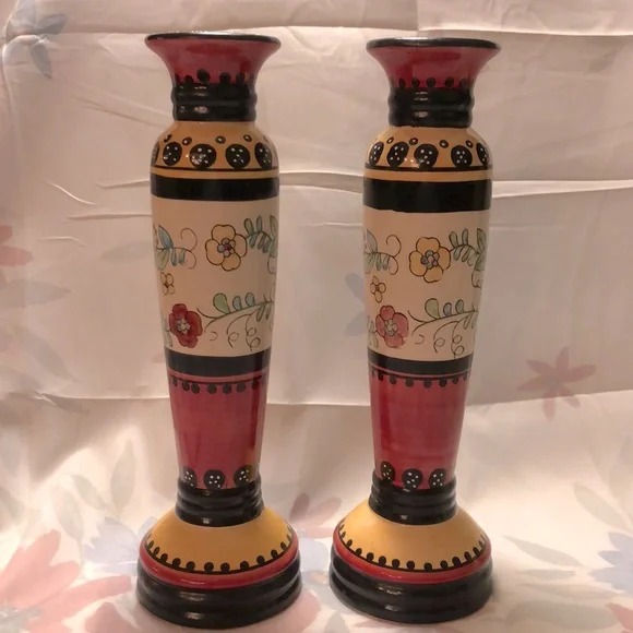 Vintage Hand Painted Porcelain Candle Holders 11.5”x3.5”