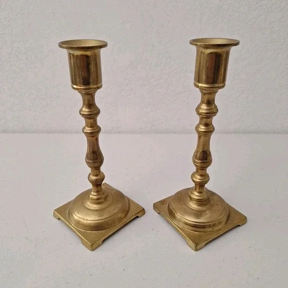 Vintage Hong Kong Pair Solid Brass Large Candle Stick Holders 7.5