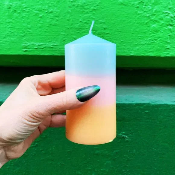 Mini Pillar Candle in Blue Pink Orange | Tri-Colored Ombre Aesthetic Table Cand